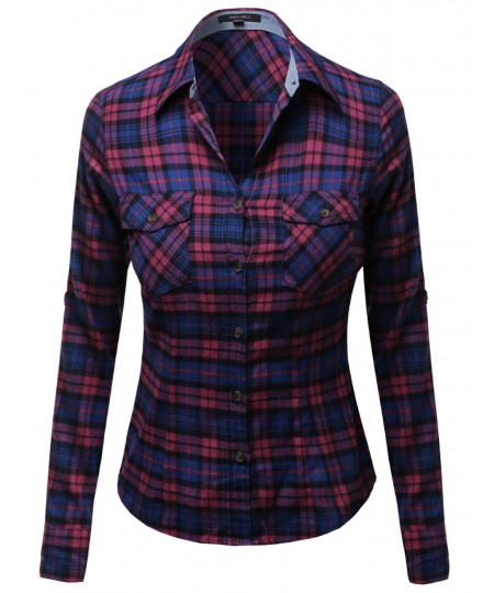 Women's Flannel Plaid Checker Roll Up Sleeves Button Down Shirt