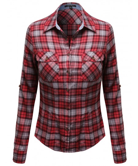 Women's Flannel Plaid Checker Roll Up Sleeves Button Down Shirt