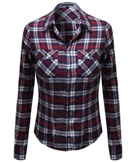 Women's Flannel Plaid Checker Roll Up Sleeves Button Down Shirt