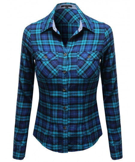 Women's Flannel Plaid Checker Roll Up Sleeves Button Down Shirt