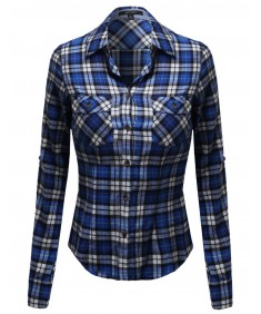 Women's Flannel Plaid Checker Roll Up Sleeves Button Down Shirt