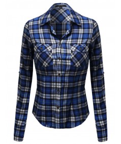 Women's Flannel Plaid Checker Roll Up Sleeves Button Down Shirt