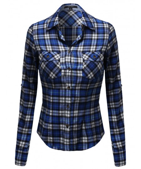 Women's Flannel Plaid Checker Roll Up Sleeves Button Down Shirt