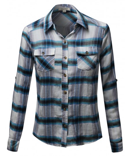 Women's Cotton Plaid Checkered Rolled Up Shirt Blouse Top