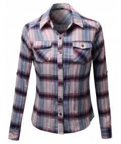 Women's Cotton Plaid Checkered Rolled Up Shirt Blouse Top