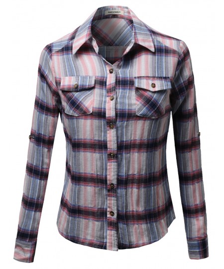 Women's Cotton Plaid Checkered Rolled Up Shirt Blouse Top