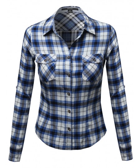 Women's Flannel Plaid Checker Roll Up Sleeves Button Down Shirt