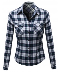 Women's Flannel Plaid Checker Roll Up Sleeves Button Down Shirt