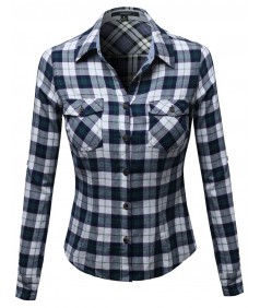 Women's Flannel Plaid Checker Roll Up Sleeves Button Down Shirt