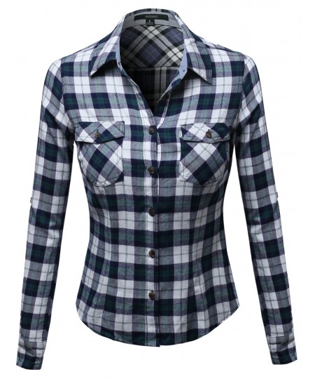 Women's Flannel Plaid Checker Roll Up Sleeves Button Down Shirt