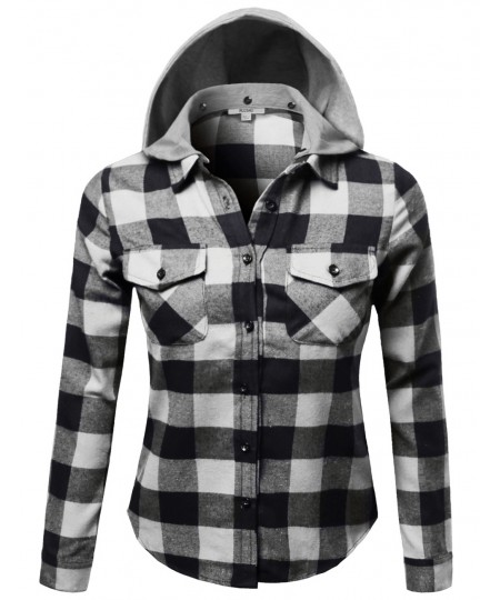 Women's Soft Plaid Checkered Detachable Hood Flannel Plus Size