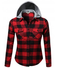 Women's Soft Plaid Checkered Detachable Hood Flannel Plus Size