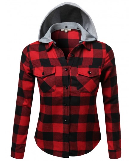 Women's Soft Plaid Checkered Detachable Hood Flannel Plus Size