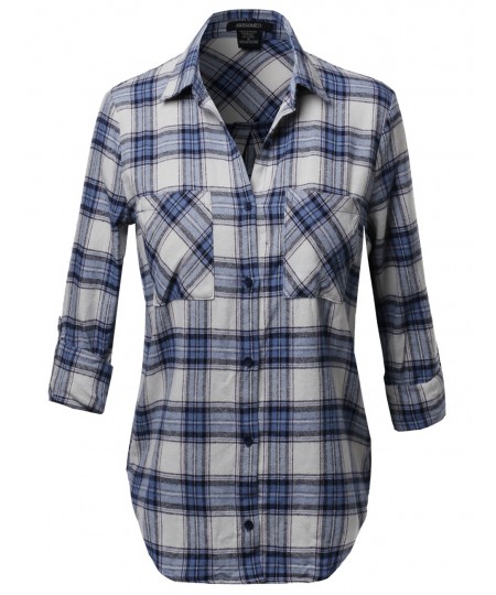 Women's Flannel Plaid Checker Roll Up Sleeves Button Down Shirt