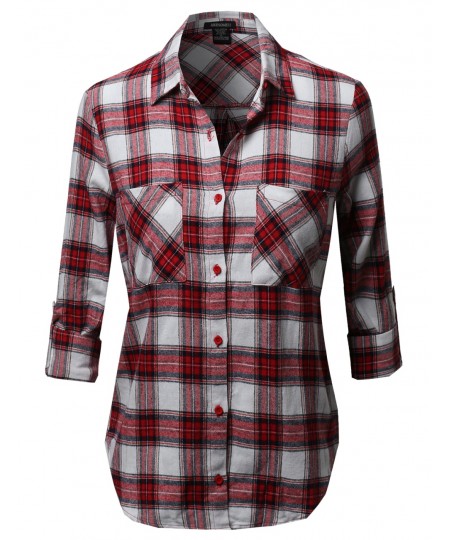 Women's Flannel Plaid Checker Roll Up Sleeves Button Down Shirt