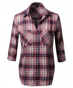 Women's Flannel Plaid Checker Roll Up Sleeves Button Down Shirt