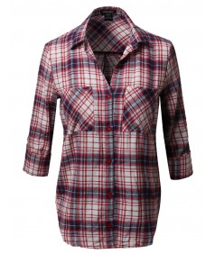 Women's Flannel Plaid Checker Roll Up Sleeves Button Down Shirt