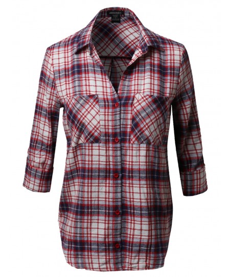 Women's Flannel Plaid Checker Roll Up Sleeves Button Down Shirt