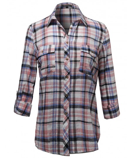 Women's Long Sleeve Lightweight Plaid Button Down Shirt