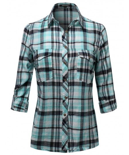 Women's Long Sleeve Lightweight Plaid Button Down Shirt