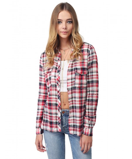 Women's Long Sleeve Lightweight Plaid Button Down Shirt