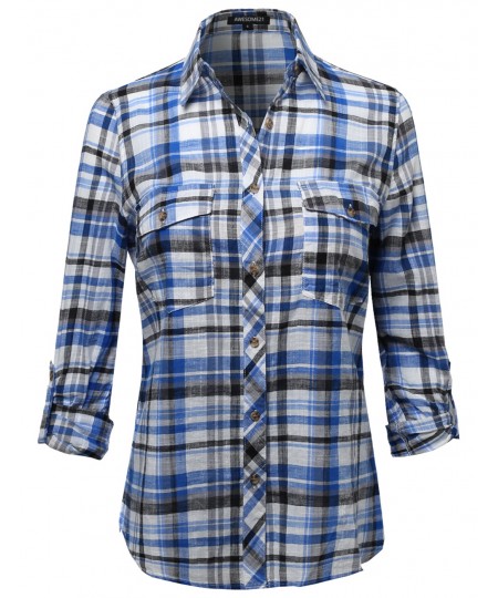 Women's Long Sleeve Lightweight Plaid Button Down Shirt