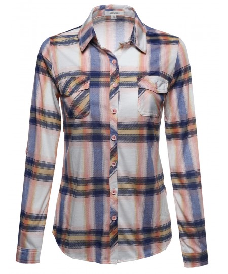 Women's Lightweight Collar Plaid Button Down Shirt