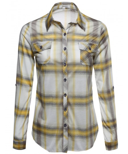 Women's Lightweight Collar Plaid Button Down Shirt