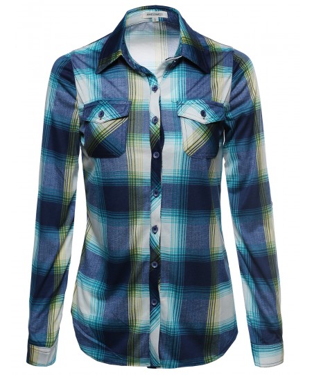 Women's Lightweight Collar Plaid Button Down Shirt