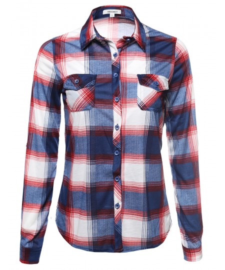 Women's Lightweight Collar Plaid Button Down Shirt