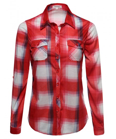 Women's Lightweight Collar Plaid Button Down Shirt