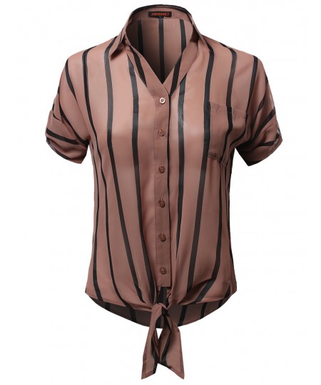 Women's Roll Up Stripe Print Button Down Shirt Blouses
