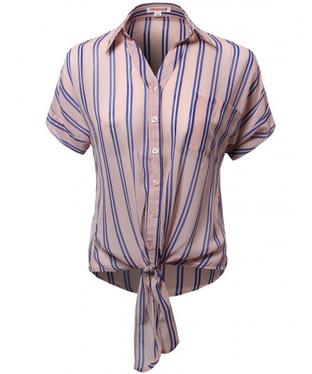 Women's Roll Up Stripe Print Button Down Shirt Blouses