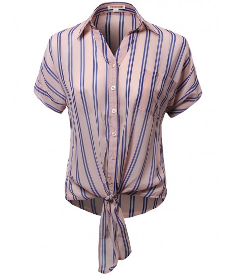 Women's Roll Up Stripe Print Button Down Shirt Blouses