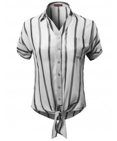 Women's Roll Up Stripe Print Button Down Shirt Blouses