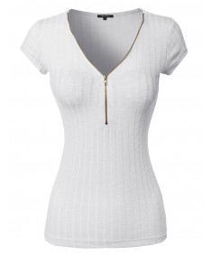 Women's Zipper Front Rib Knit Short Sleeve Shirt