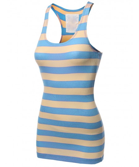 Women's Basic Rib Racerback Wide Stripe Tank Top T-Shirt