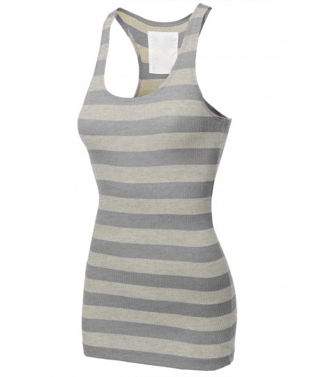 Women's Basic Rib Racerback Wide Stripe Tank Top T-Shirt