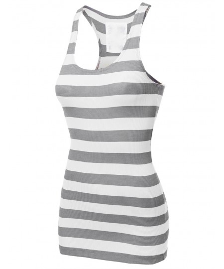 Women's Basic Rib Racerback Wide Stripe Tank Top T-Shirt