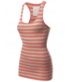 Women's Basic Sleeveless Ribbed Racer-Back Stripe Tight Fit Tank Top