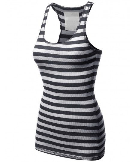 Women's Basic Sleeveless Ribbed Racer-Back Stripe Tight Fit Tank Top