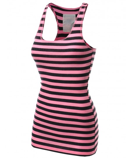 Women's Basic Sleeveless Ribbed Racer-Back Stripe Tight Fit Tank Top