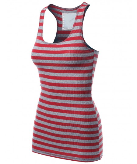 Women's Basic Sleeveless Ribbed Racer-Back Stripe Tight Fit Tank Top