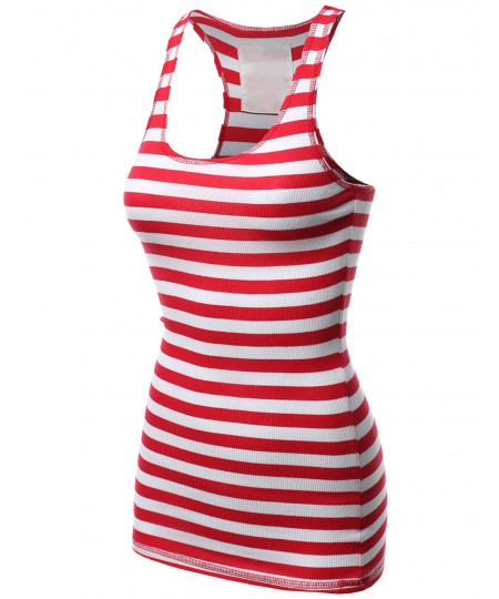 Women's Basic Sleeveless Ribbed Racer-Back Stripe Tight Fit Tank Top