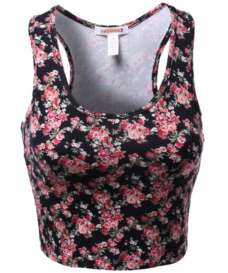 Women's Floral Flower Pattern Sleeveless Crop Tank Tops