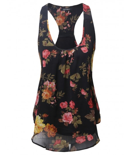 Women's Floral Chiffon Scoop Neck Racer-Back Flare Tank Top
