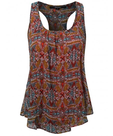 Women's Aztec Print Chiffon Scoop Neck Racer-Back Flare Tank Top