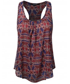 Women's Aztec Print Chiffon Scoop Neck Racer-Back Flare Tank Top