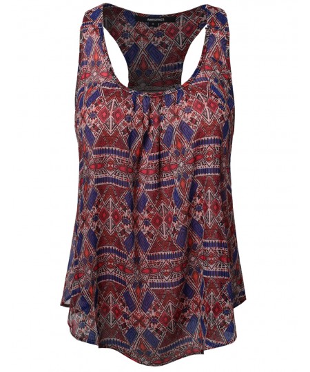 Women's Aztec Print Chiffon Scoop Neck Racer-Back Flare Tank Top