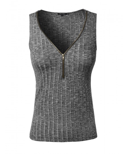 Women's Sleeveless Ribbed Top With Center Zipper